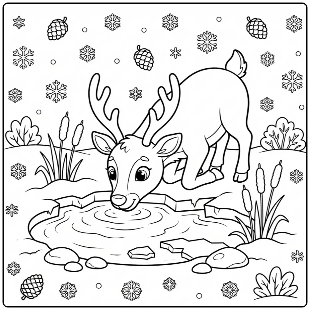 Reindeer coloring page featuring a reindeer by a frozen pond