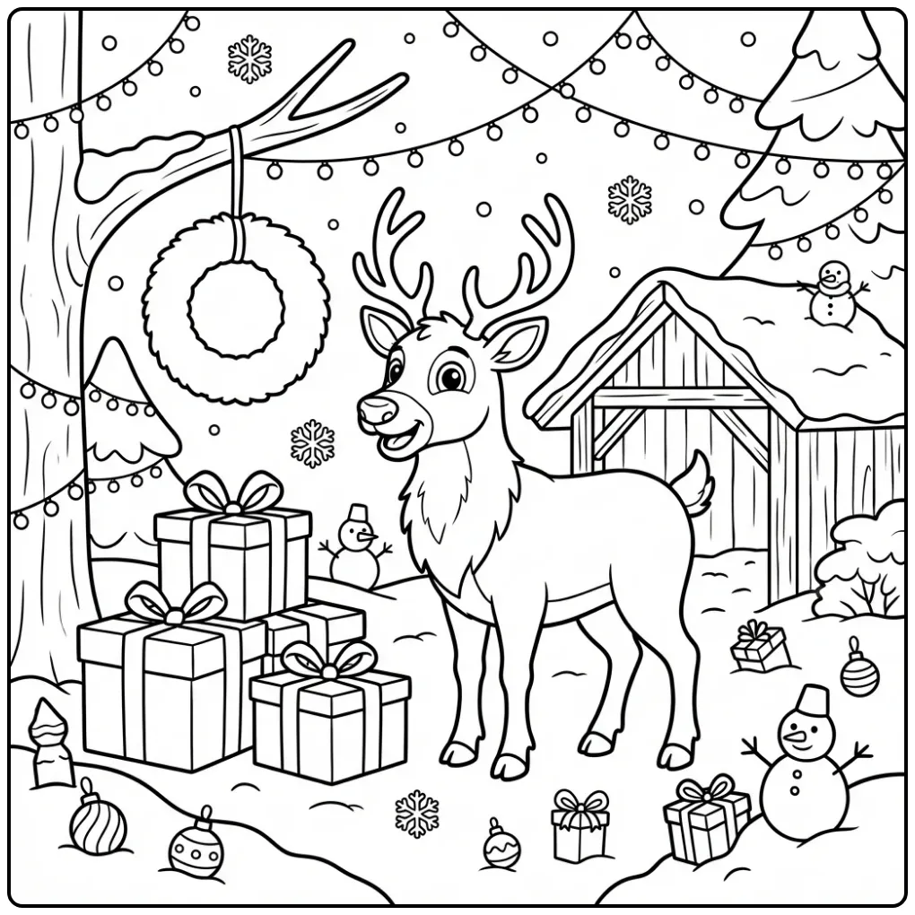 Reindeer coloring page featuring a reindeer in the zoo during winter