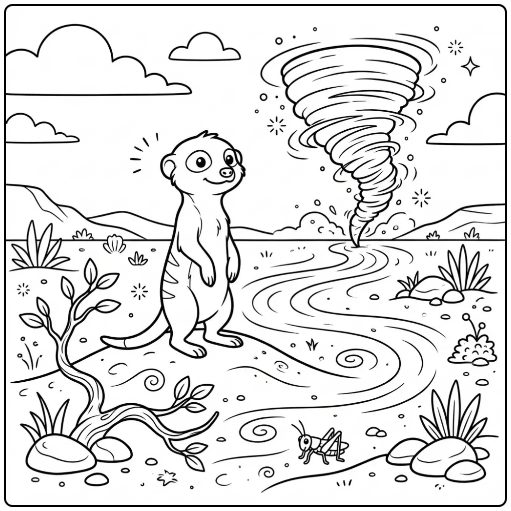 Meerkat coloring page featuring a meerkat in a windstorm