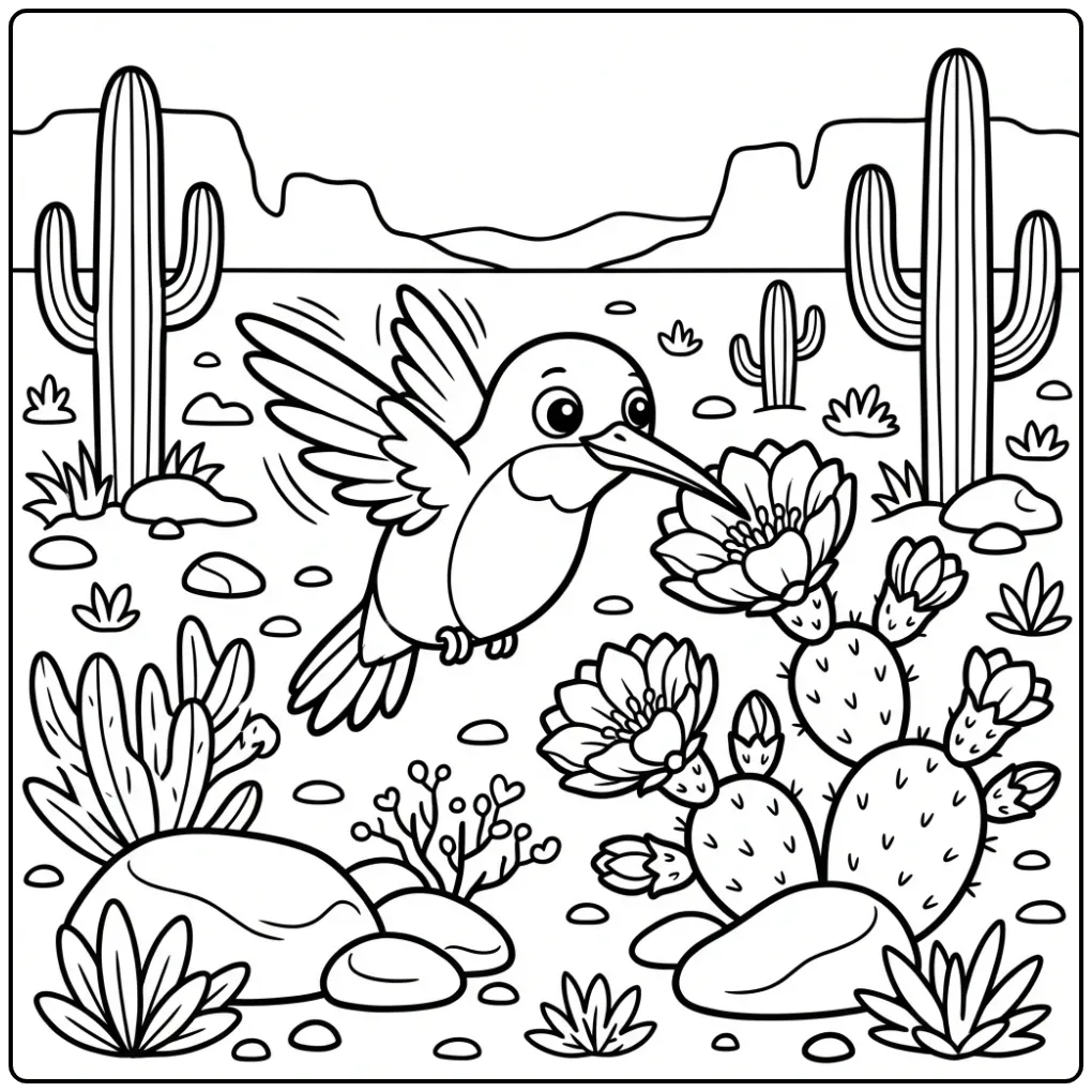 Hummingbird in a Desert Landscape with Cactuses coloring page