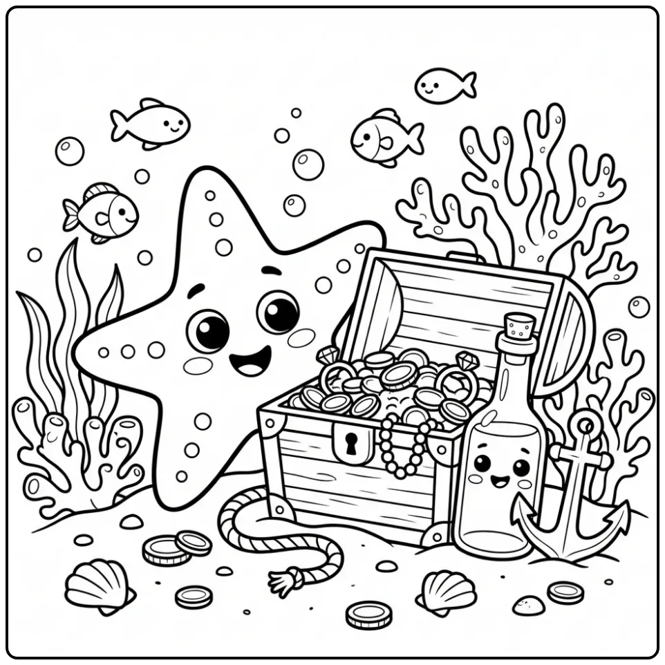 Starfish coloring page with an underwater treasure chest
