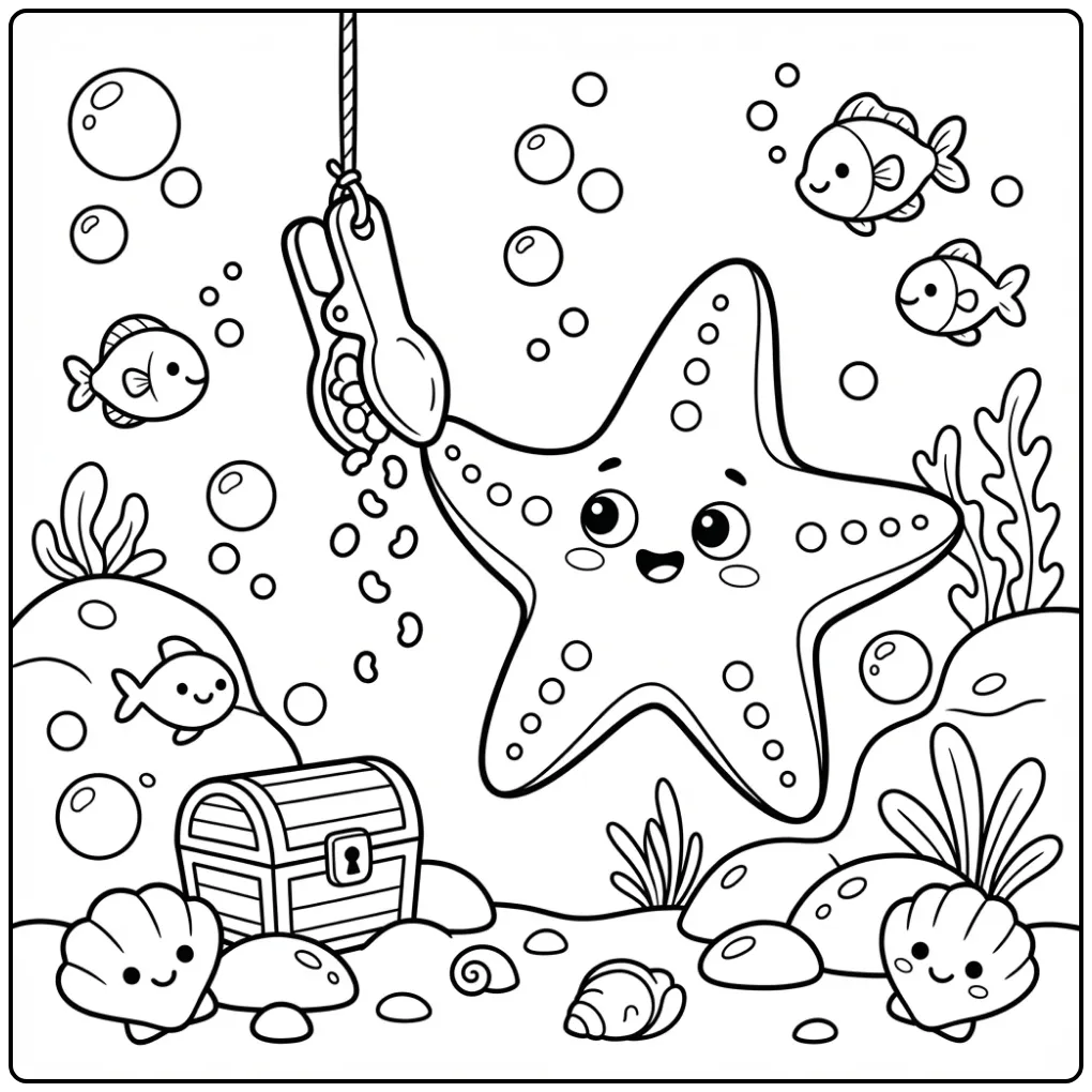 Cheerful starfish coloring page at feeding time