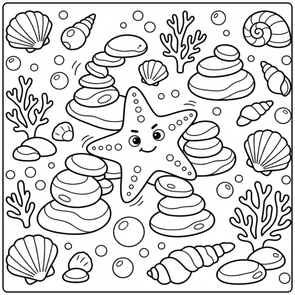 Cheerful starfish coloring page in a stone maze