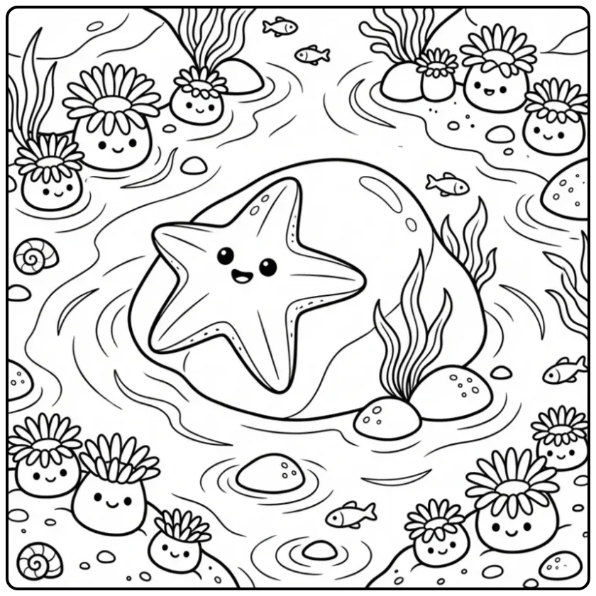 Cheerful starfish coloring page on a rock in a tide pool