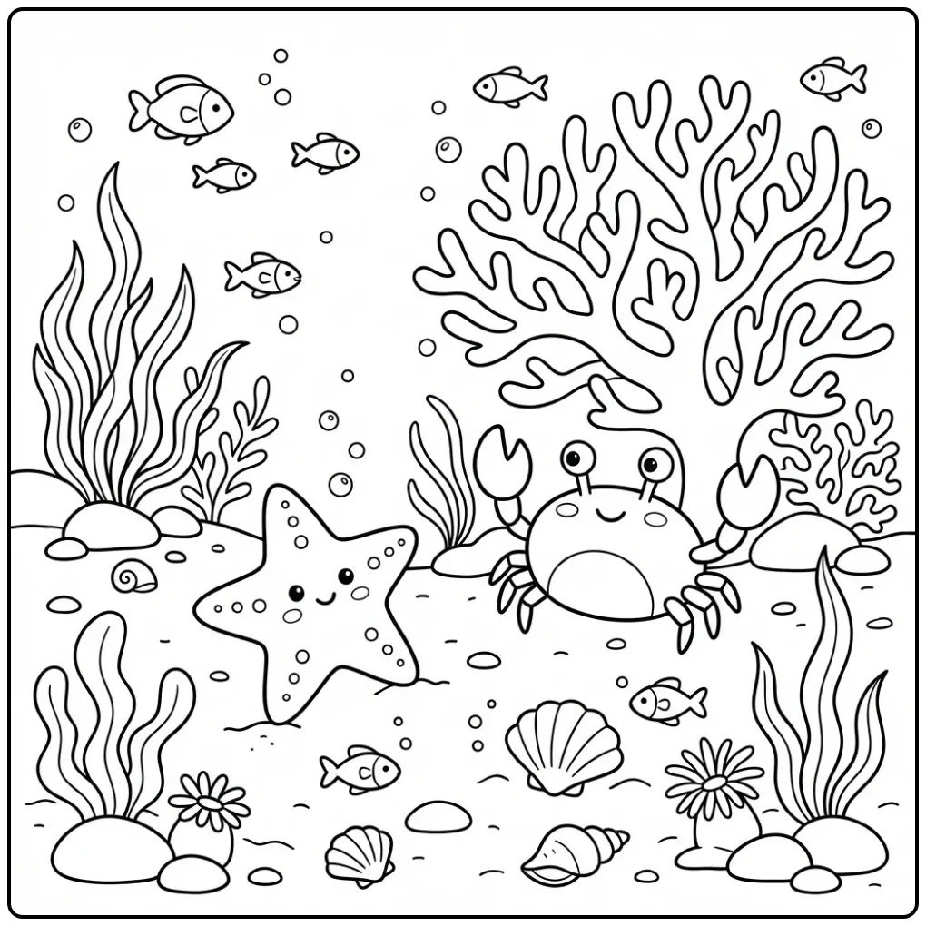 Cute starfish coloring page with a crab on the reef