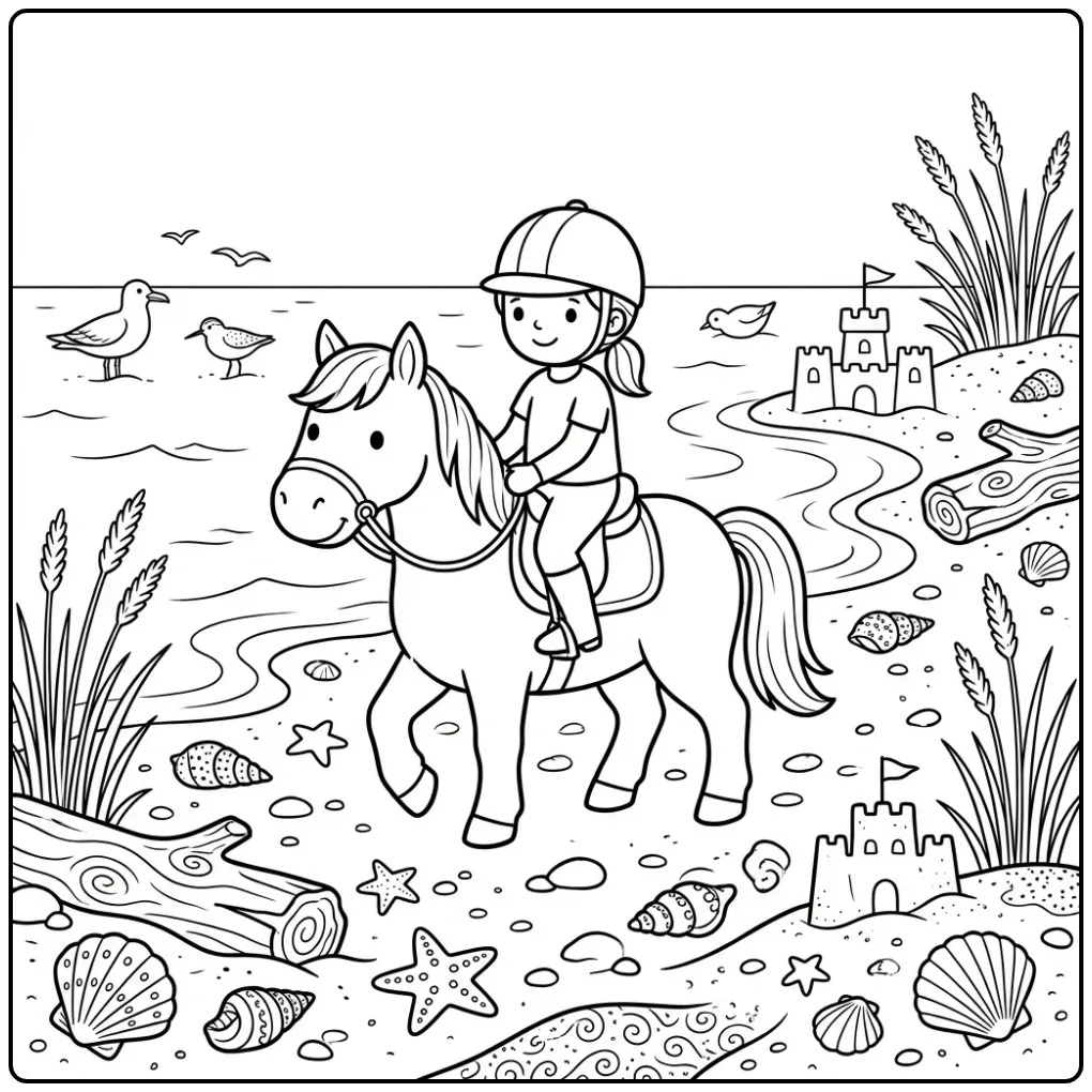 Summery Horse with Rider Along the Sea coloring page