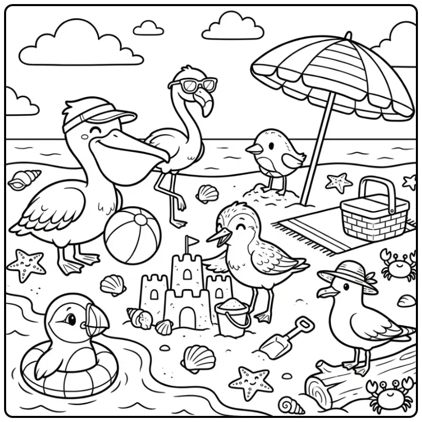 Bird coloring page with a beach scene and sandcastle