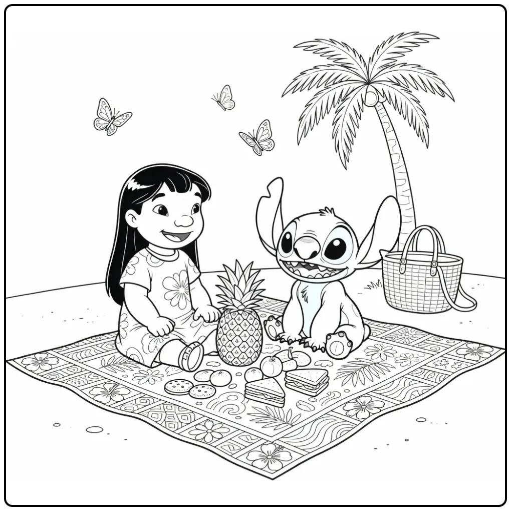 Summery Lilo and Stitch with Pineapple and Fruit coloring page