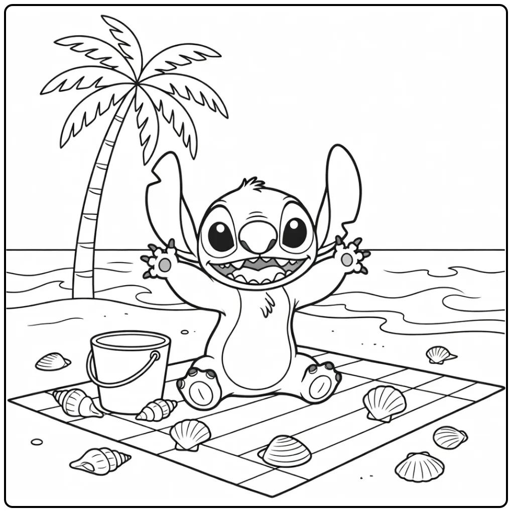 Easy Stitch coloring page waving on the beach