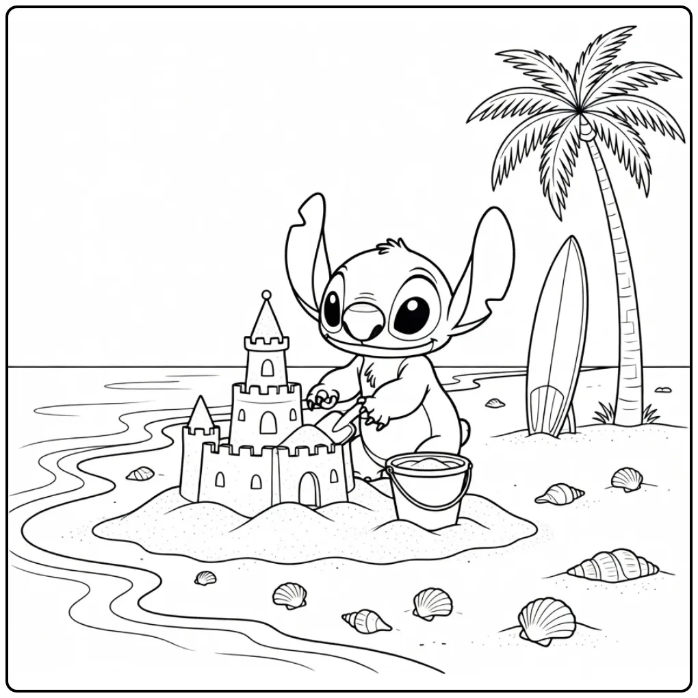 Summery Stitch Sand Castle and Surfboard coloring page