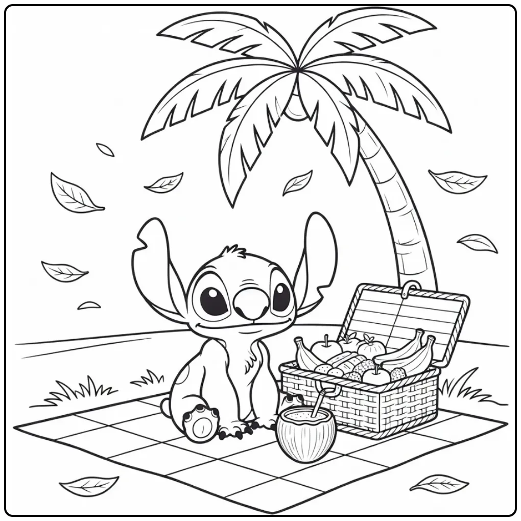 Summery Stitch Picnicking with Fruit and a Drink coloring page