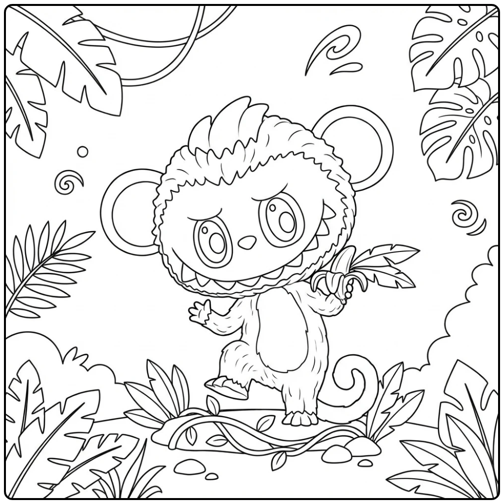 Monkey Labubu Adventure in the Jungle with Banana coloring page