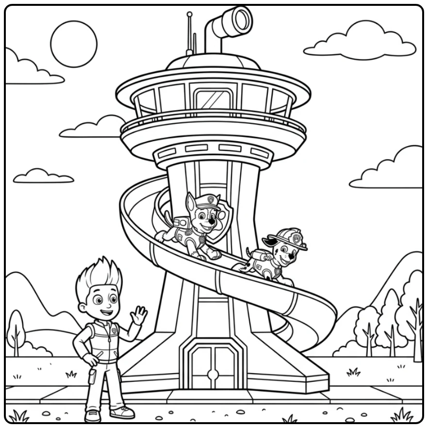 Action with the Paw Patrol Lookout Tower Ryder and Pups coloring page