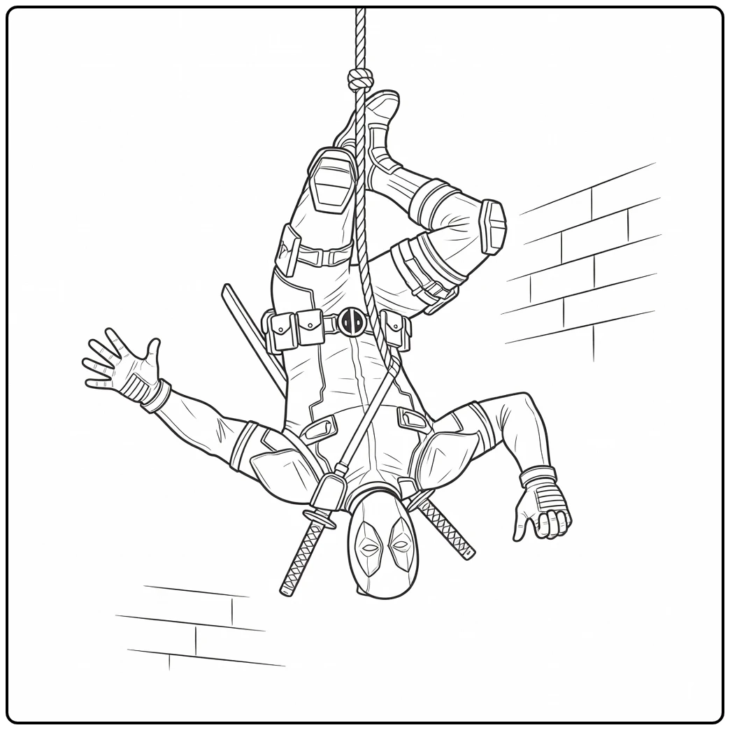 Action Deadpool Upside Down with Swords coloring page