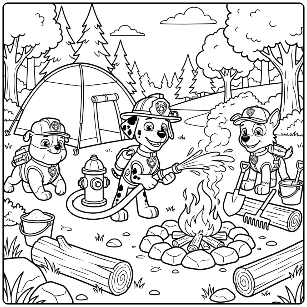 Paw Patrol Marshall Putting Out a Fire with Rubble and Rocky coloring page