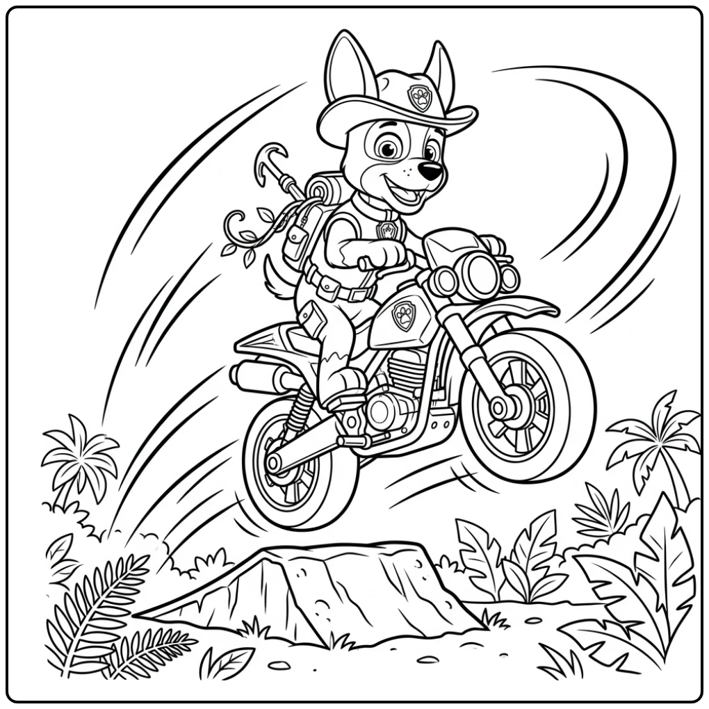 Paw Patrol Moto Pups Tracker Motorcycle Action coloring page