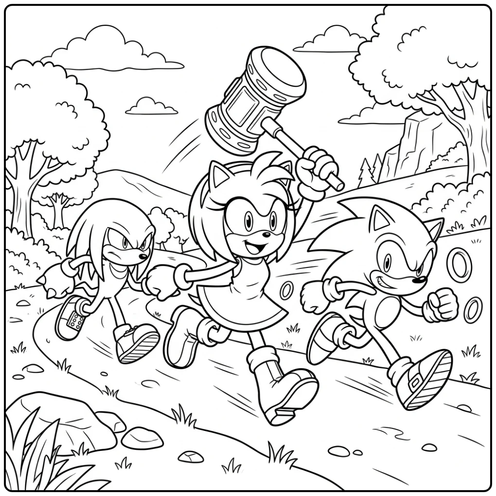 Action-packed Running Amy Rose and Knuckles coloring page