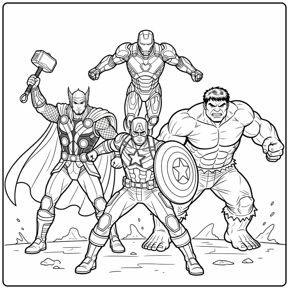 Action-packed Avengers Thor Hulk and Iron Man coloring page