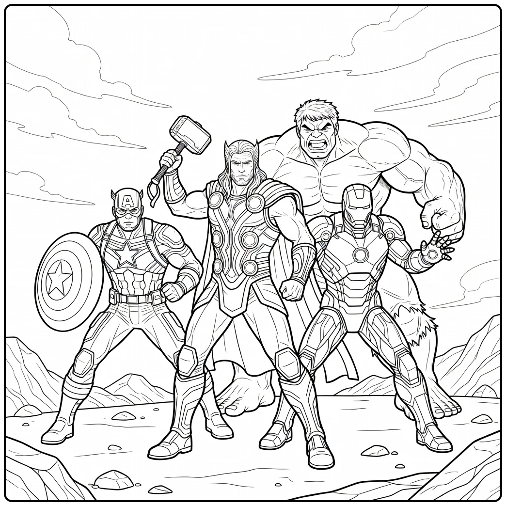 Avengers coloring page with a superhero team action scene