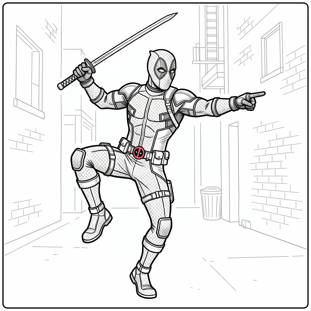 Action-packed Deadpool Dramatic Pose coloring page