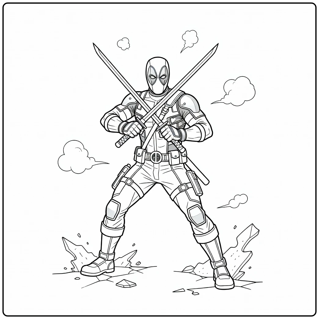Deadpool coloring page with a playful action pose