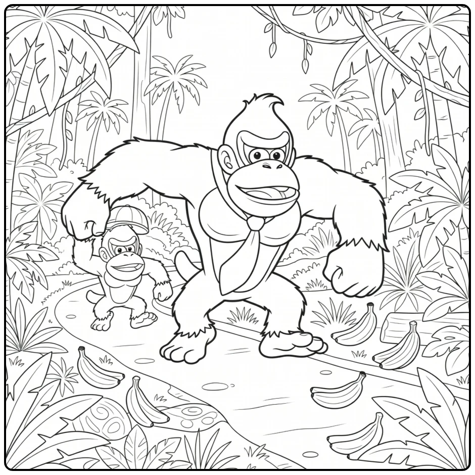 Action-packed Donkey Kong and Diddy Kong coloring page
