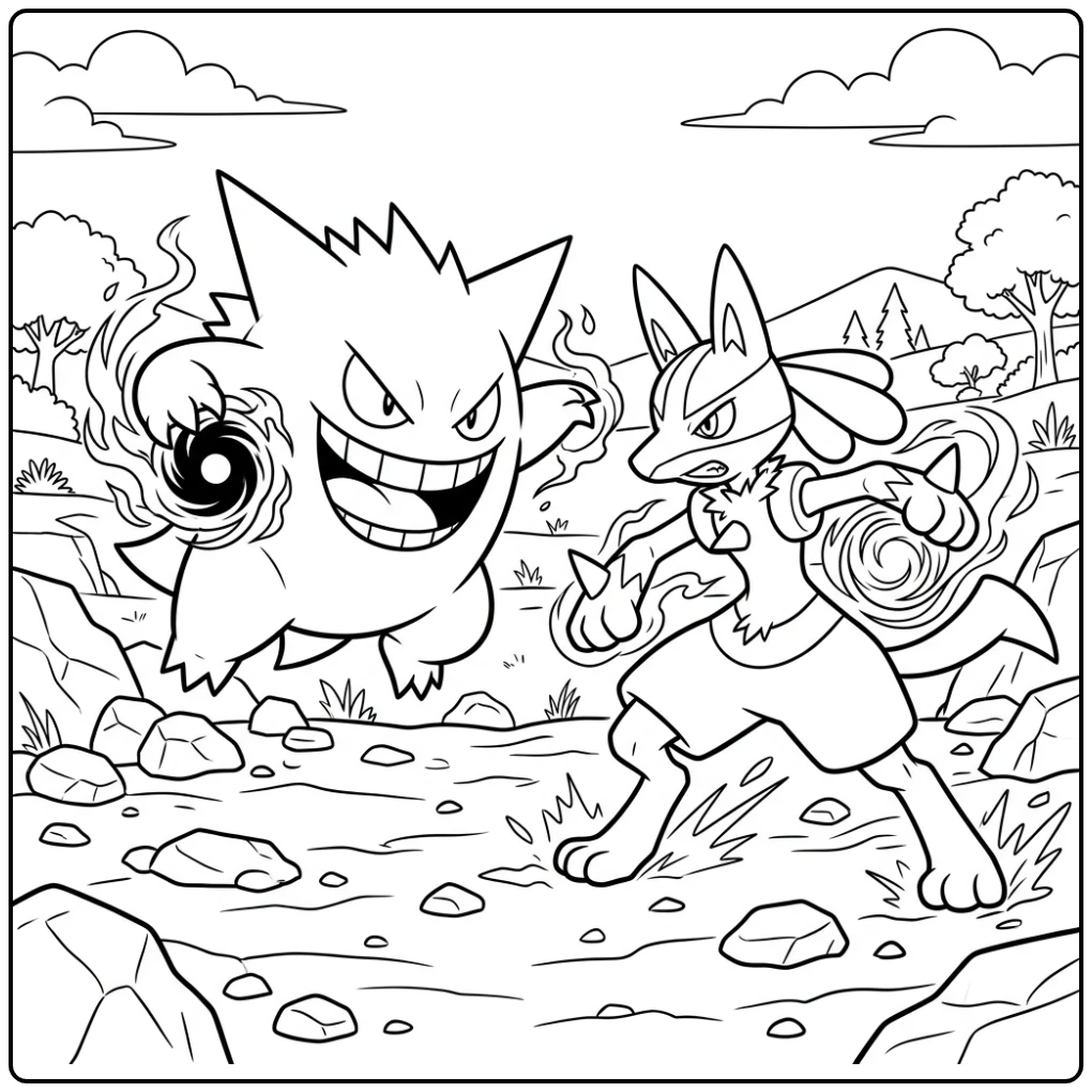 Action-packed Gengar Versus Lucario in a Fierce Battle coloring page