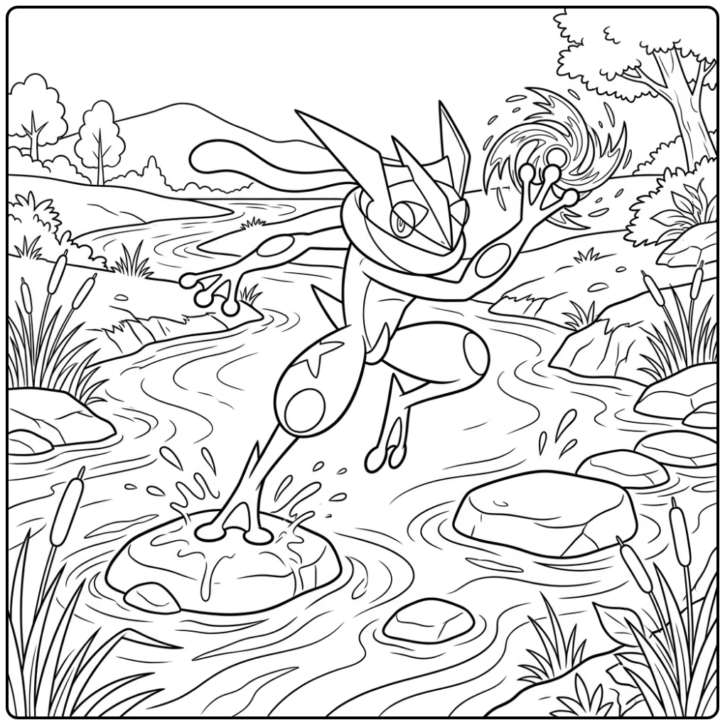 Action-packed Greninja Creating Water Shuriken coloring page