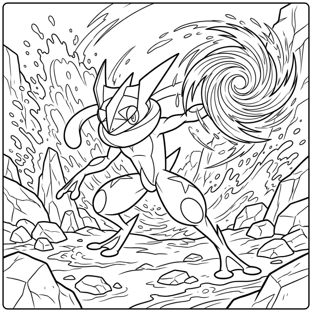 Action-packed Greninja in Ninja Stance with Water Shuriken coloring page