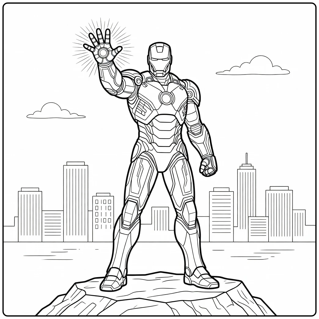Action-packed Iron Man Cityscape and Clouds coloring page
