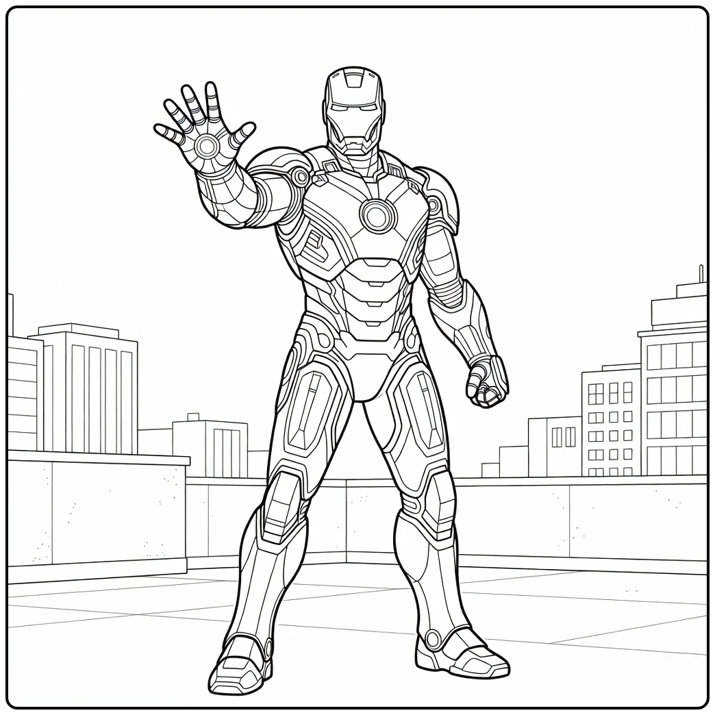 Action-packed Iron Man on a Skyscraper coloring page
