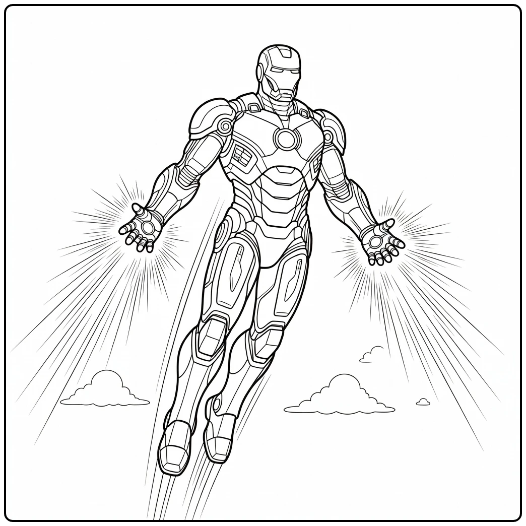 Action-packed Iron Man Flying in the Clouds coloring page