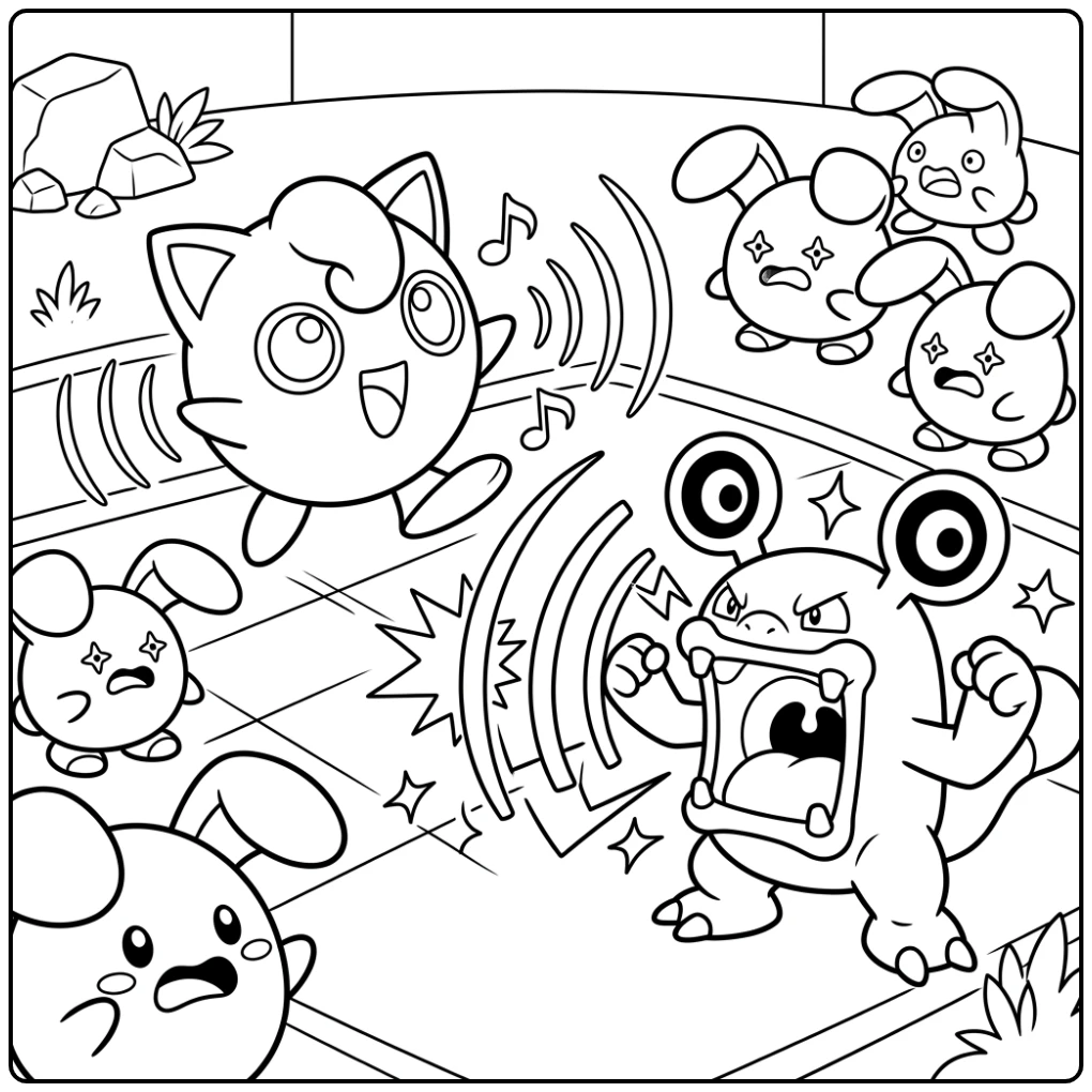 Action-packed Jigglypuff Sound Battle in the Arena coloring page
