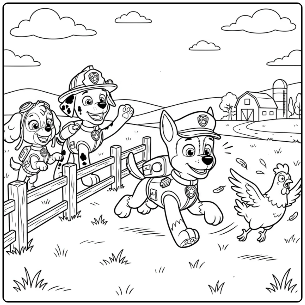Action-packed Paw Patrol Chase Chicken Rescue Mission coloring page