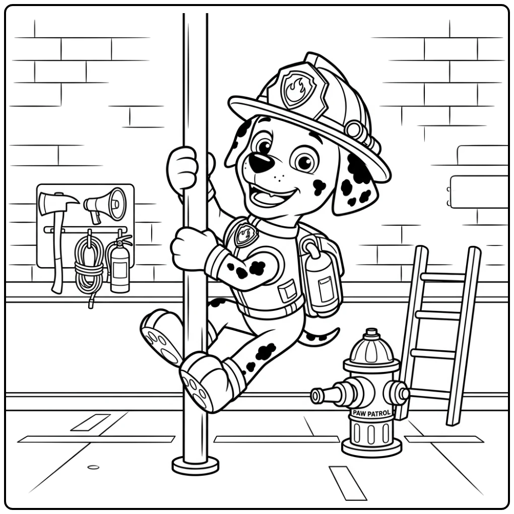 Action-packed Paw Patrol Marshall in the Fire Station coloring page