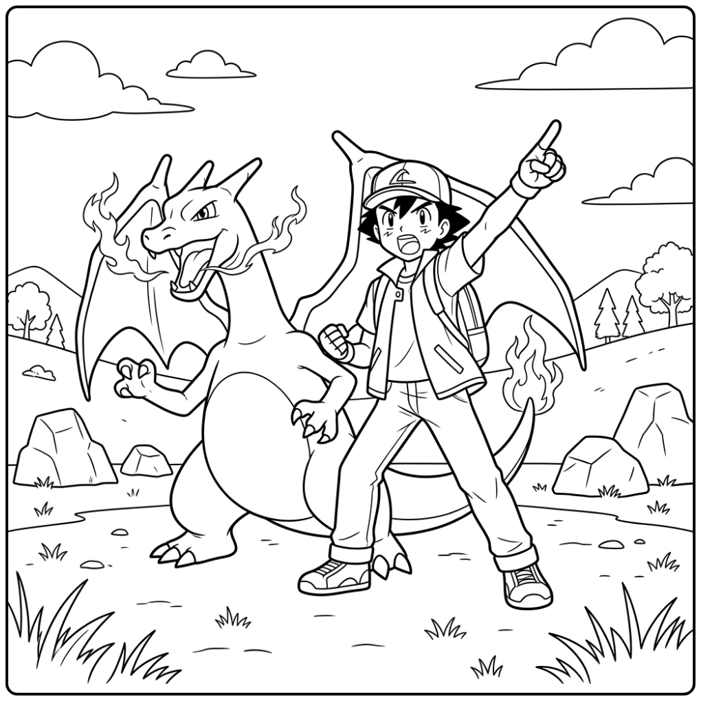 Action-packed Pokemon Ash Training with Charizard coloring page
