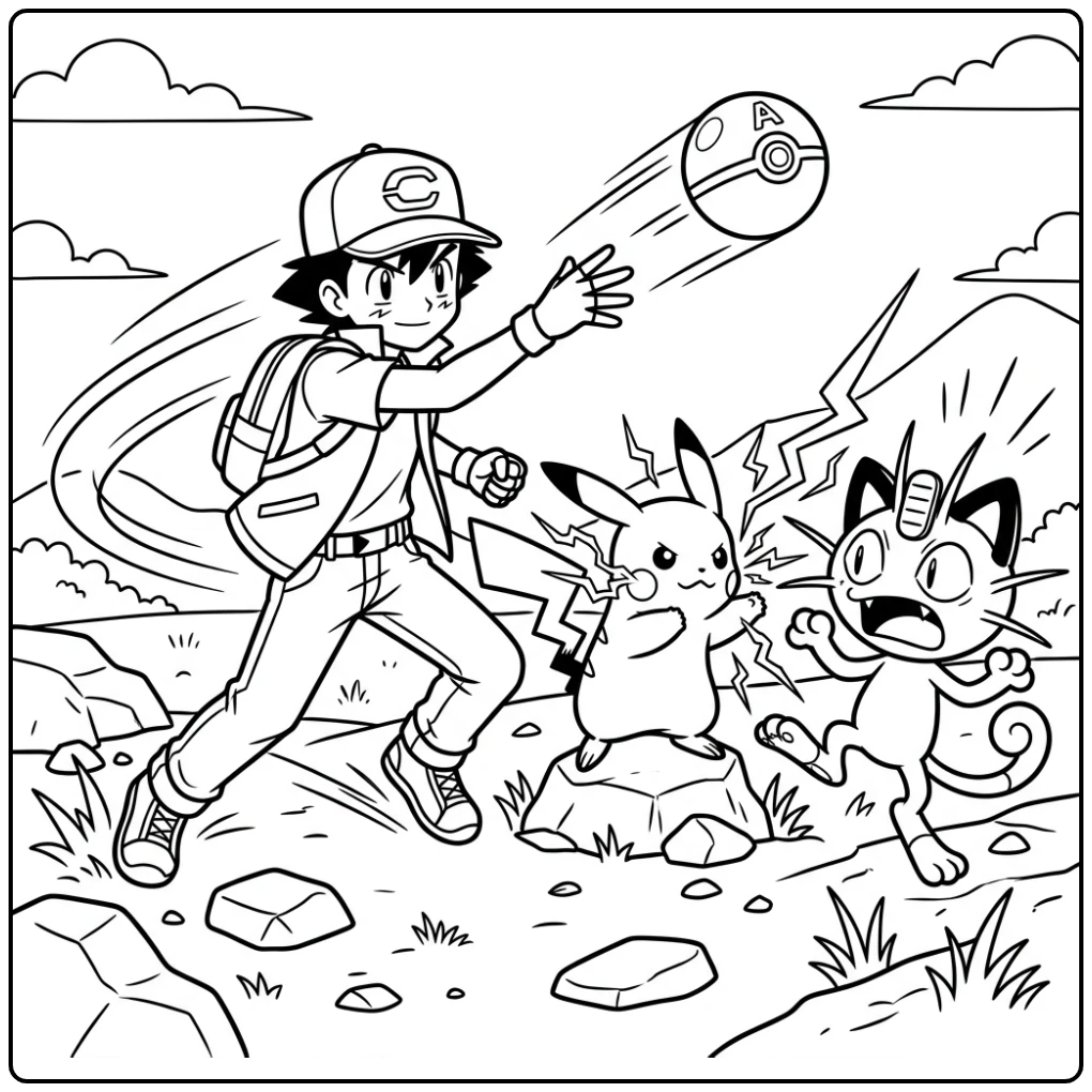Action-packed Pokemon Ash Throwing Poke Ball Pikachu Ready coloring page