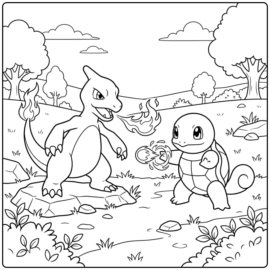 Action-packed Pokemon Charmeleon and Squirtle Battle coloring page