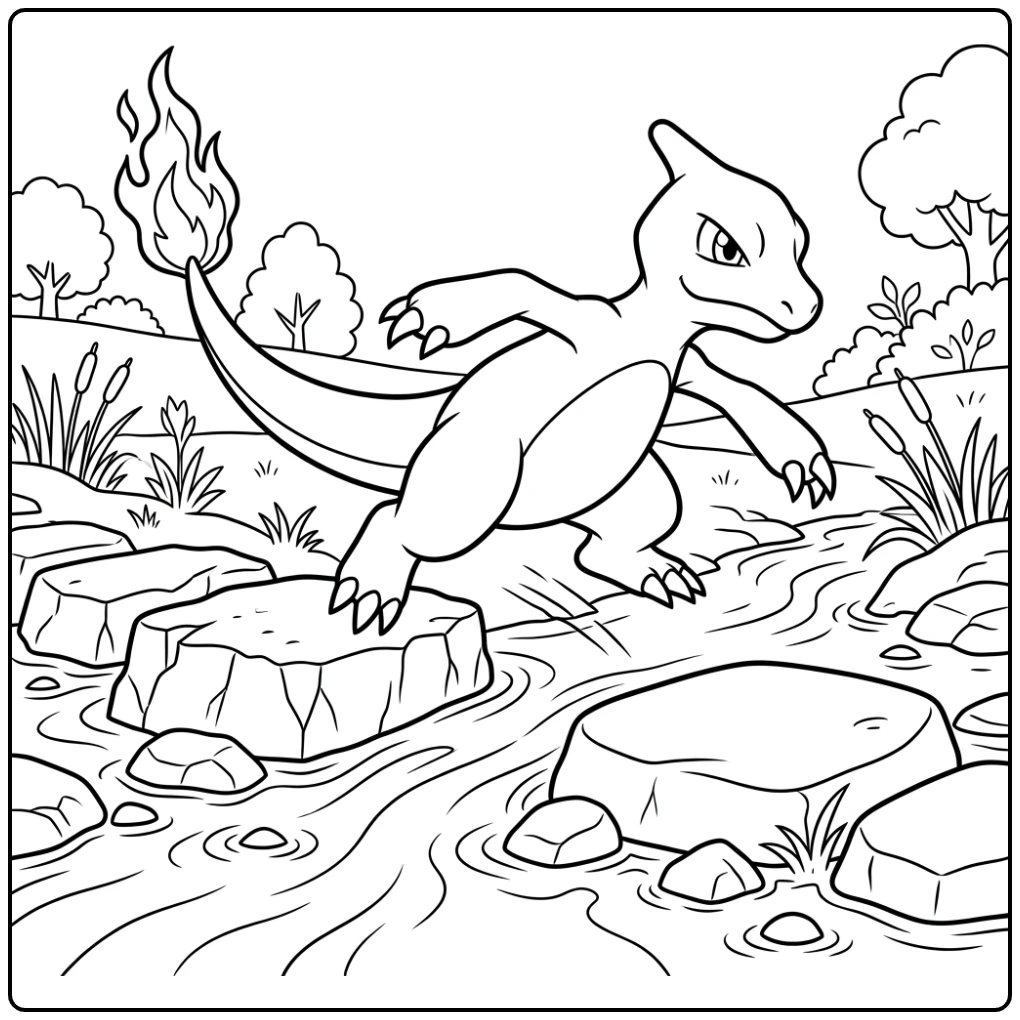 Action-packed Pokemon Charmeleon Jump Over Stepping Stones coloring page