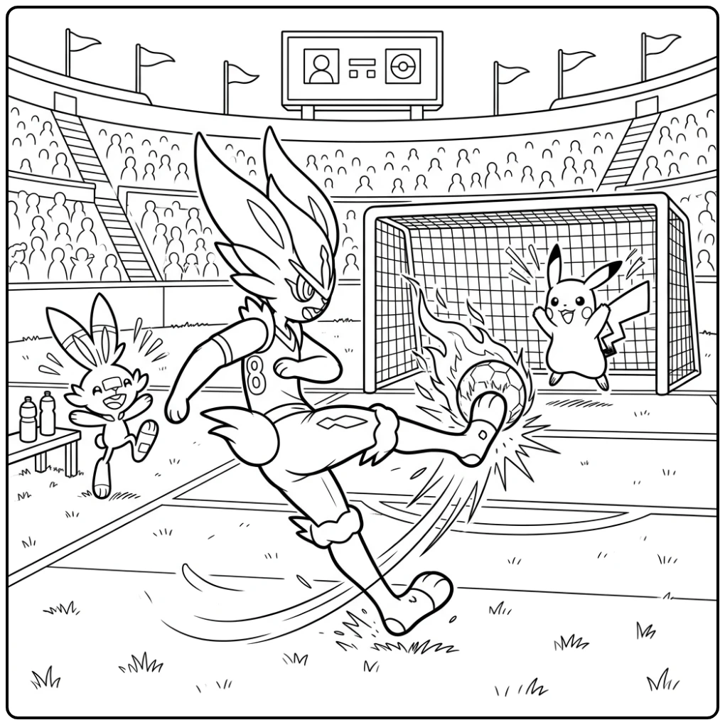 Action-packed Pokemon Cinderace Kicking Fireball coloring page