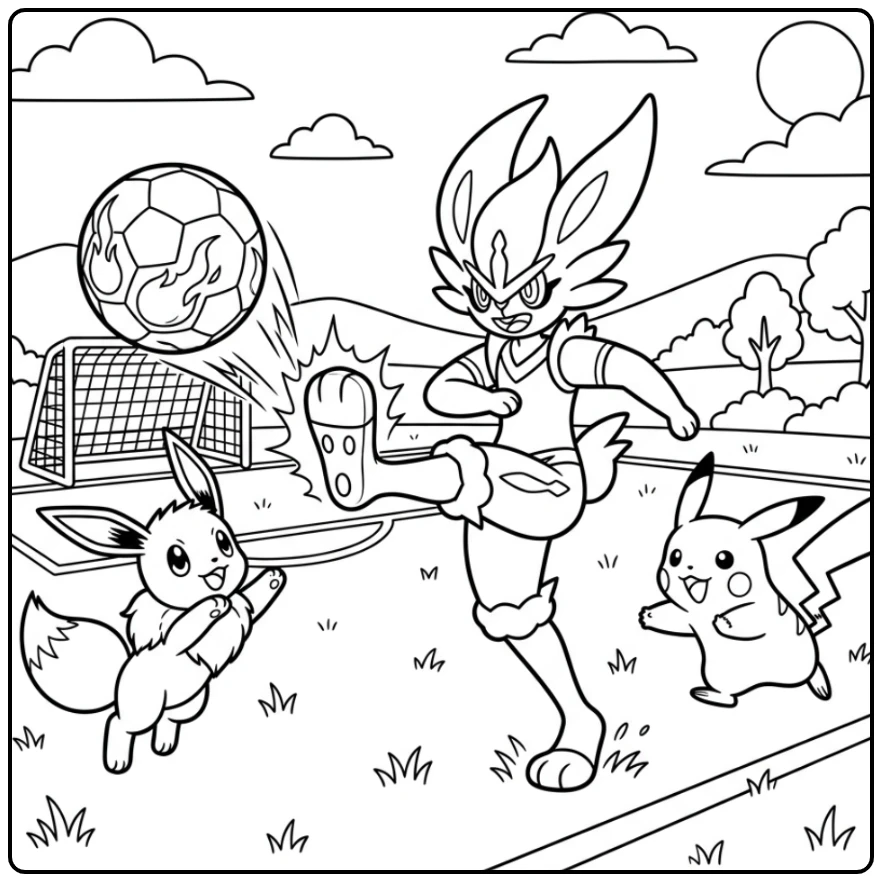 Action-packed Pokemon Cinderace Soccer Match with Friends coloring page