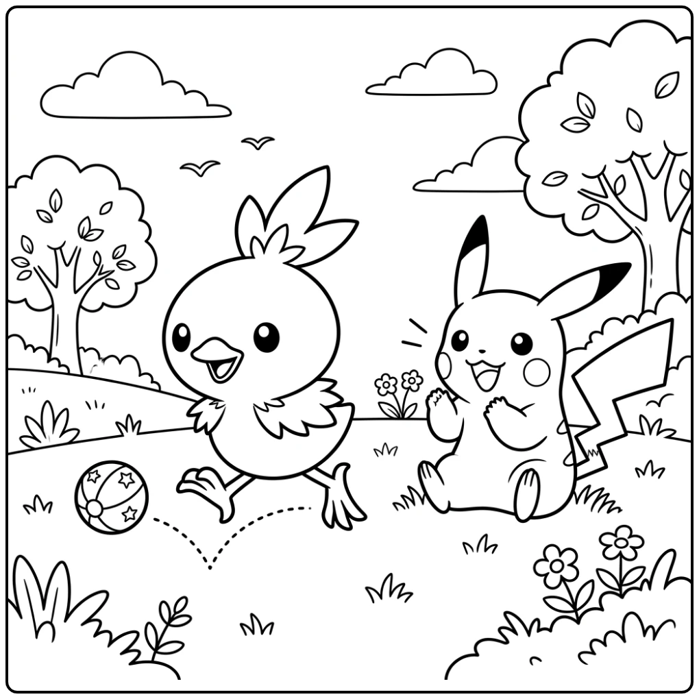 Action-packed Pokemon Cute Torchic and Pikachu coloring page