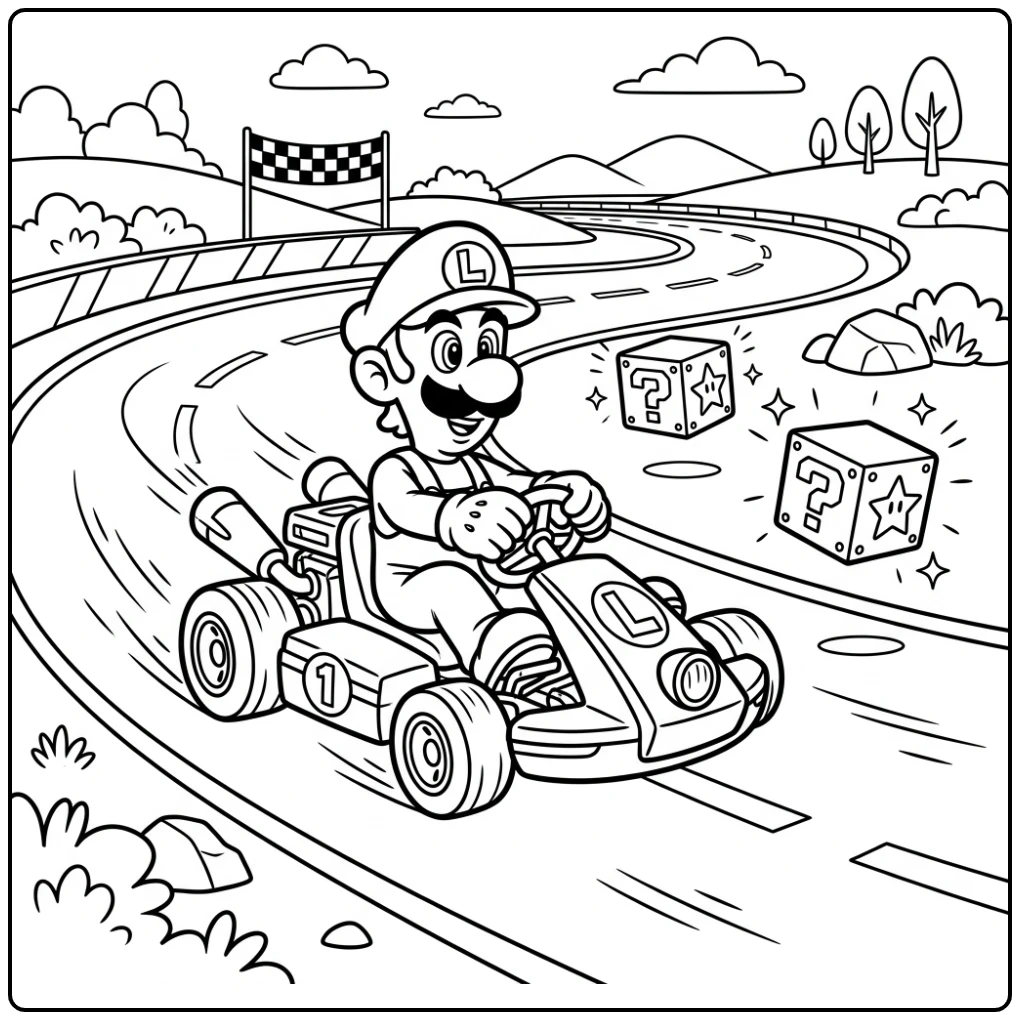 Action-packed Luigi Speeding in His Racing Kart coloring page