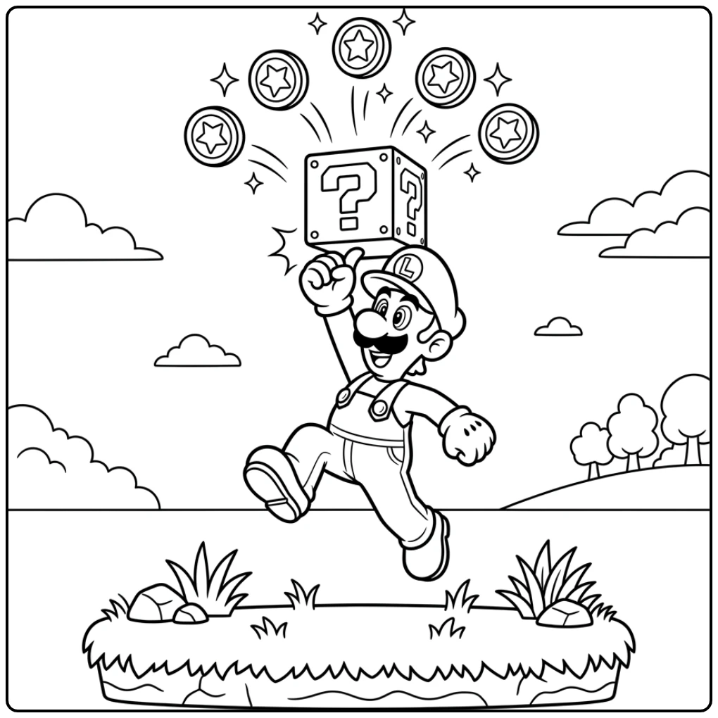 Action-packed Luigi Hitting a Golden Question Block coloring page