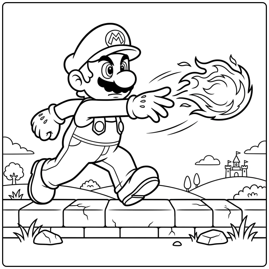 Action-packed Mario's Fireball Attack coloring page