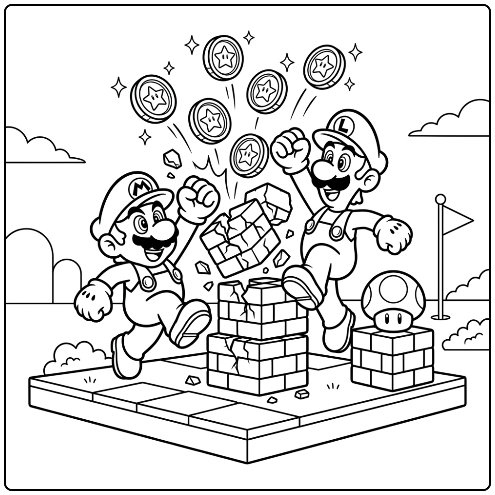 Mario coloring page with a classic adventure scene