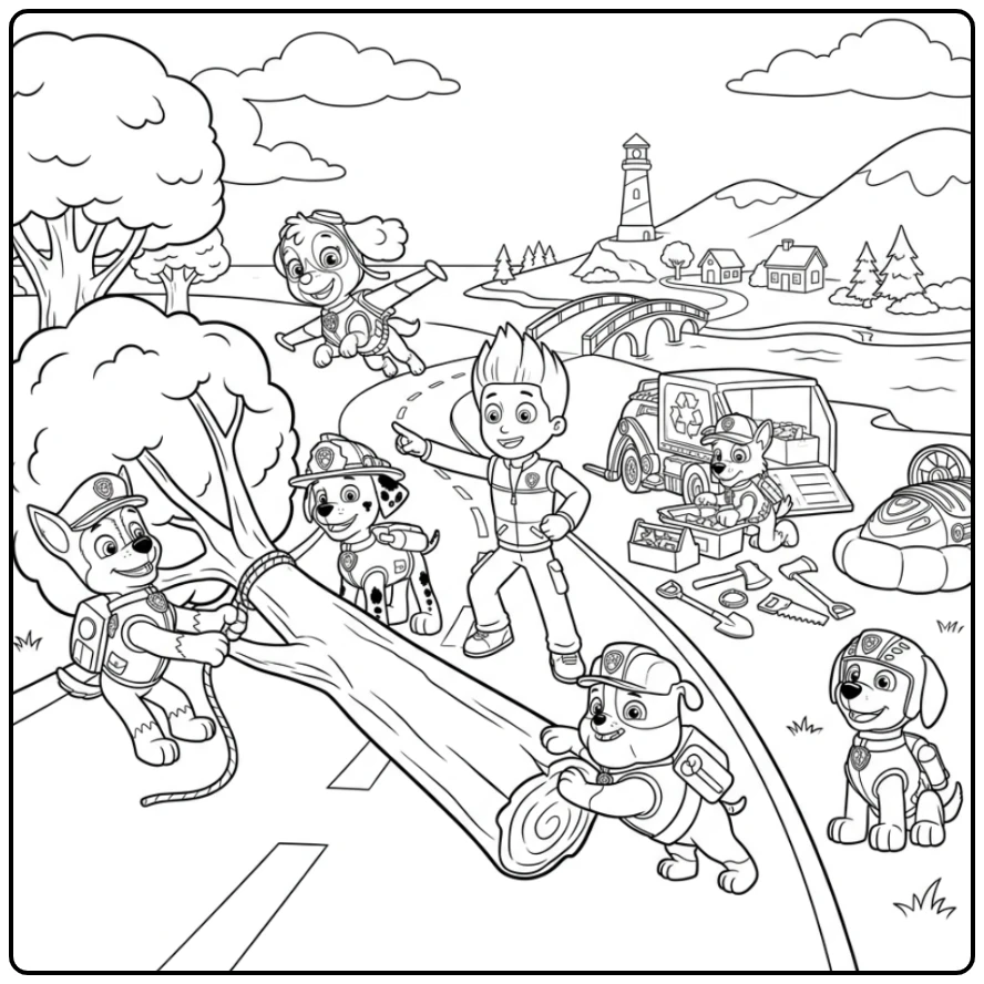 Action-packed Paw Patrol Tree Clearing in Adventure Bay coloring page