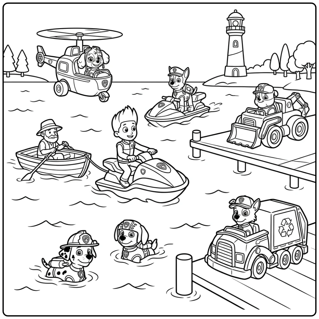 Action-packed Paw Patrol Ryder and Team Rescuing Boat coloring page