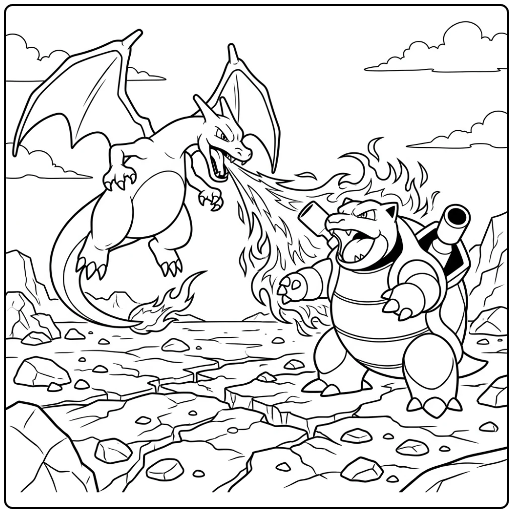 Action-packed Pokemon X Charizard Vs Blastoise coloring page