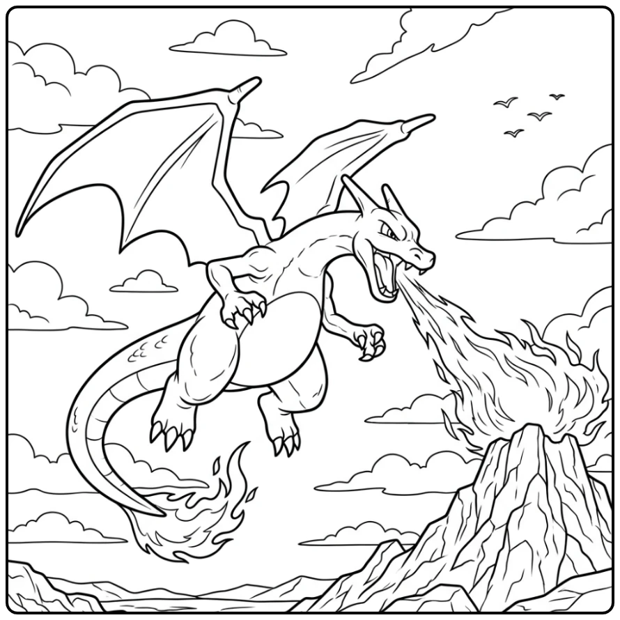 Action-packed Pokemon Charizard X in the Sky with Flames coloring page
